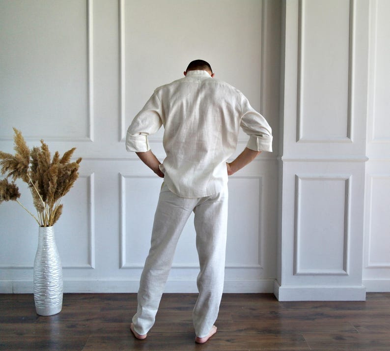 MEN'S LINEN SET, Pure linen suit men, Best man linen suit, Band collar shirt, Roll-up sleeves, Linen pants men, Flax trousers, Flax shirt image 9