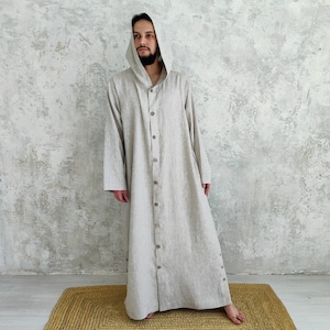Men's Undyed Hooded Linen Kaftan with Button Front Side Slits and Deep Pockets, front view showing an undyed, hooded linen kaftan with a button-down front.