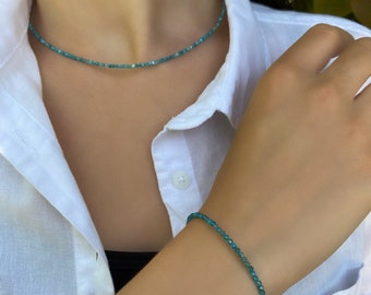 Parure Collier minimaliste + Bracelet Pierres fines Naturelles semi précieuse Apatite idéal cadeau