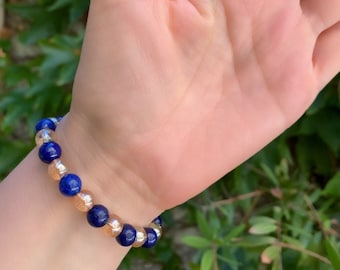 Bracelet Perles Naturelles pierre Lapis Lazuli et Quartz champagne