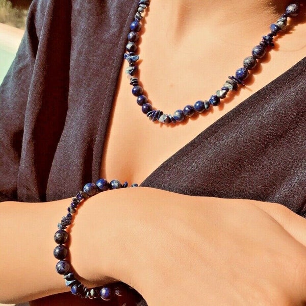 Parure Collier + Bracelet Pierres Naturelles Lapis Lazuli - Idéal Cadeau