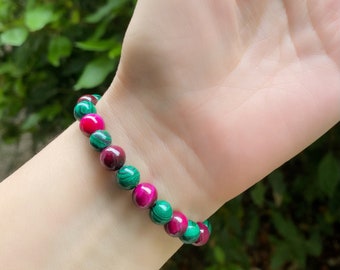 Pink Tiger Eye Bracelet and Malachite Natural Stones Large Sizes Available