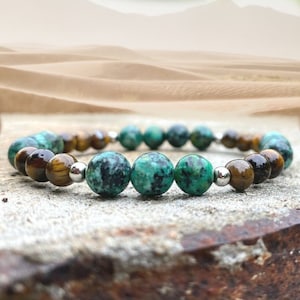 Bracelet Natural Stones African Turquoise Tiger Eye Silver Beads
