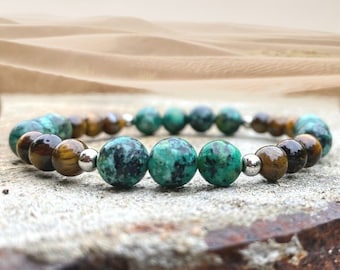 Bracelet Natural Stones Turquoise of Africa Tiger's Eye silver pearls