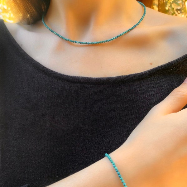 Parure Collier minimaliste + Bracelet Pierres fines Naturelles semi précieuse Turquoise idéal cadeau