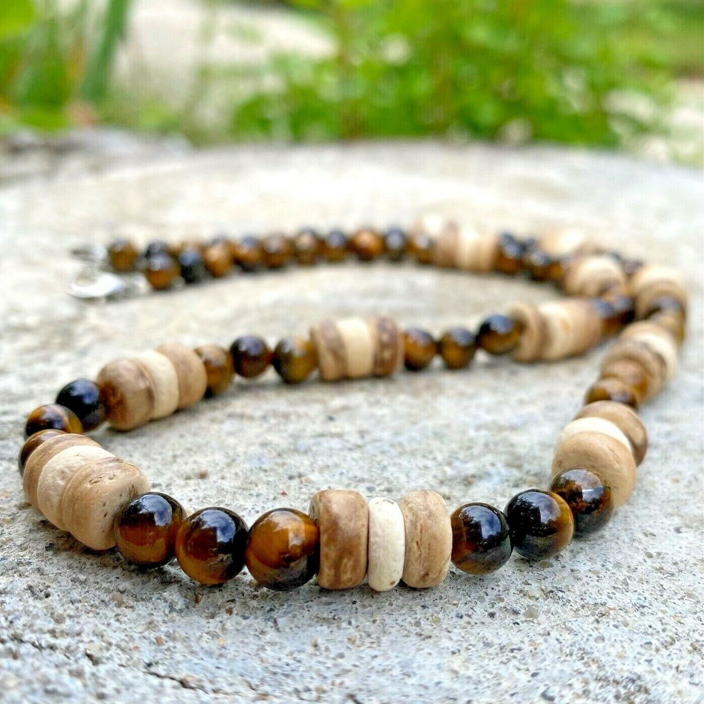 Men's Necklace Natural Stones Tiger Eye Coconut Wood