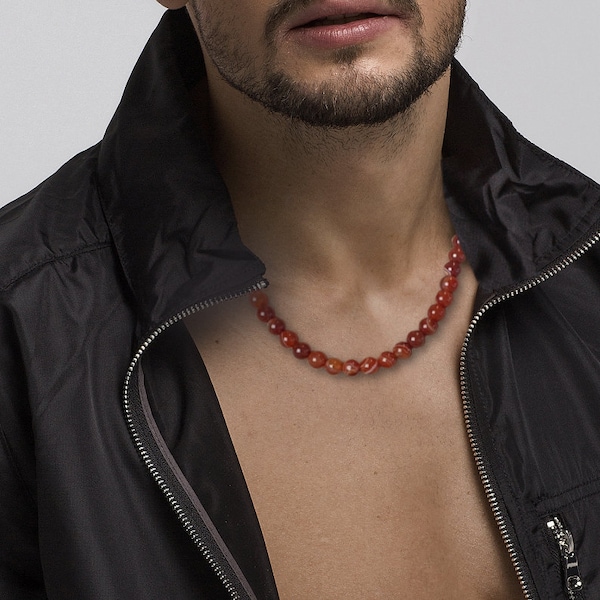 Collier Pierres Naturelles Perles Cornaline Idéal Cadeau ! Homme Femme