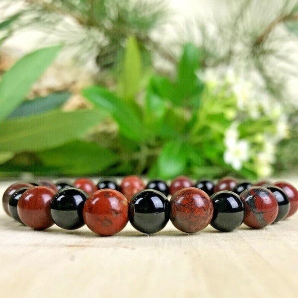 Bracelet perles Jaspe rouge et Onyx pierres naturelles