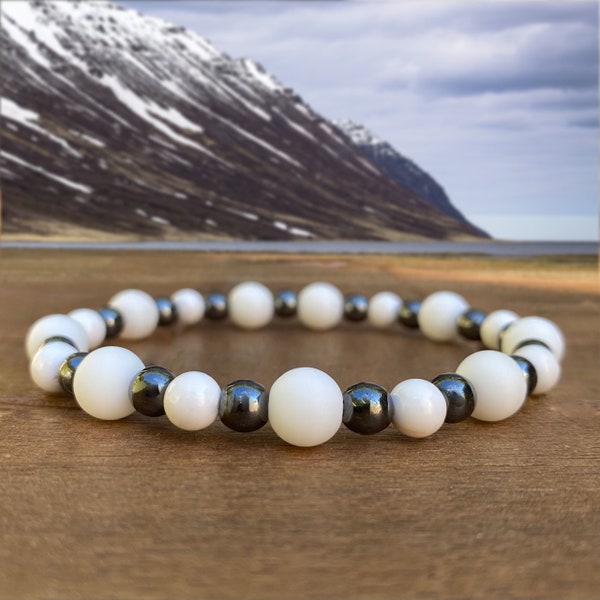 Bracelet perles Naturelles Hématite Onyx mat Blanche Agate toutes tailles