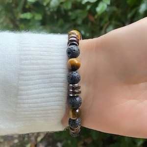 Bracelet Semi-precious natural stones - Tiger&#39;s Eye - Lava Stone - Hematite - Coconut wood - Large sizes available -