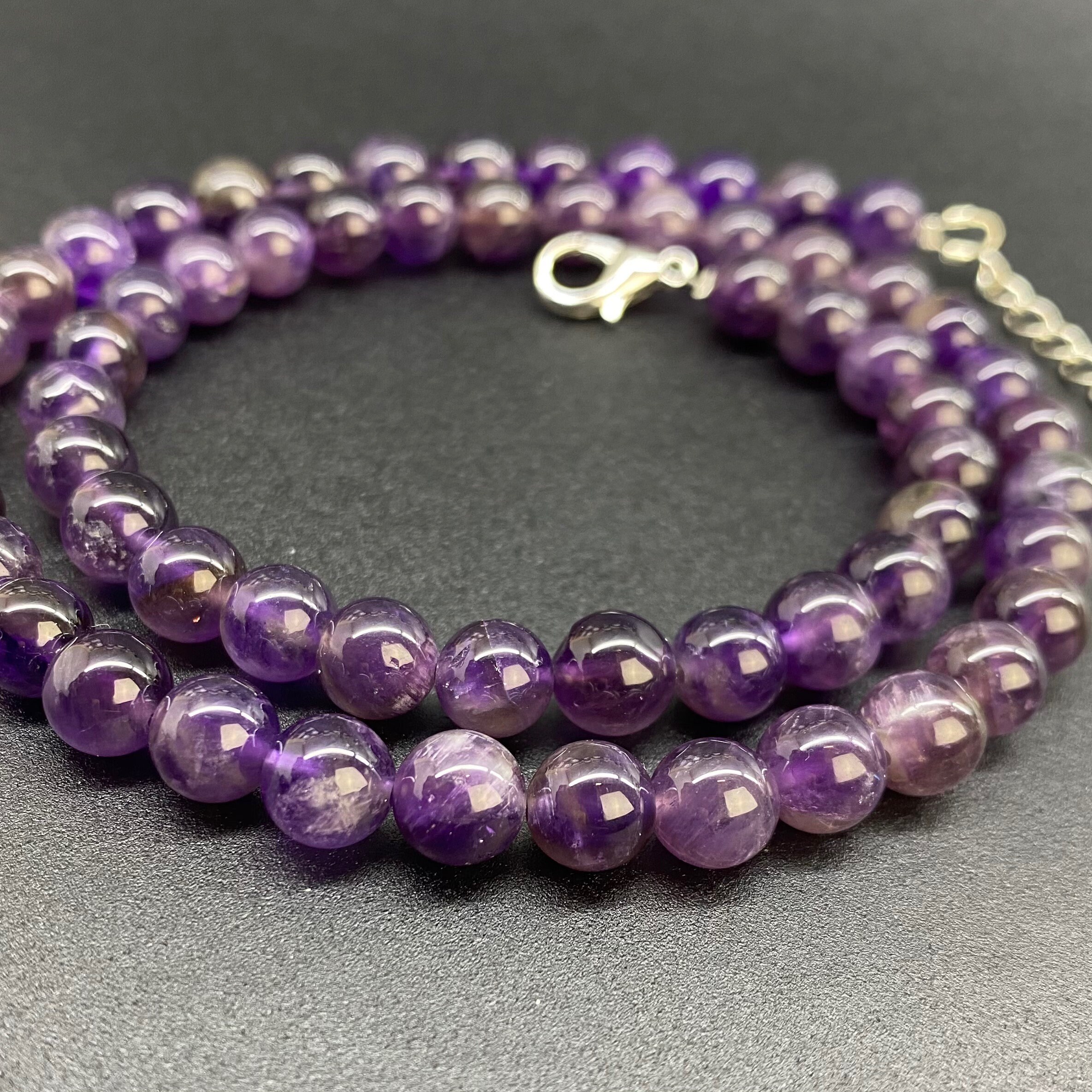 Collier En Améthyste Naturelle - Perles Violettes Rondes, Longueur 50 Cm, Acier Inoxydable, Neuf Avec Pochette Organza, Idée Cadeau