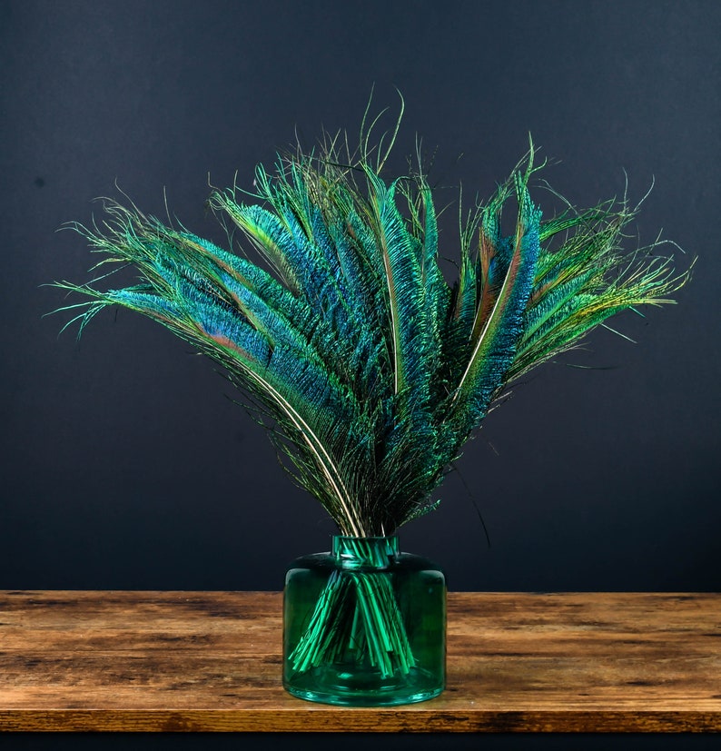 Natural peacock feathers, emerald green, 25 cm. 