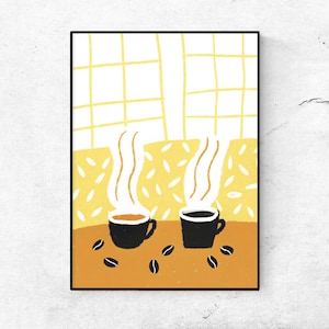 Gemütliches Kaffee Paar Wandkunst - Minimalistische dampfende Kaffeetassen Druck, Küchendekoration in warmem Gelb, druckbare digitale Kaffee Illustration