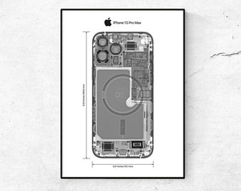 Apple iPhone 13 Pro Max X-ray Poster. iPhone Xray Printable Poster. Xray iPhone Components Poster. Gift Guide for Apple Fans. Office Decor.