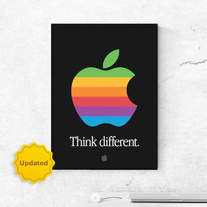 Apple Think Different Poster. Retro Apple Logo Poster. Apple Workspace Setup Poster. Apple Rainbow Setup Decor. Gift For Apple Lovers.