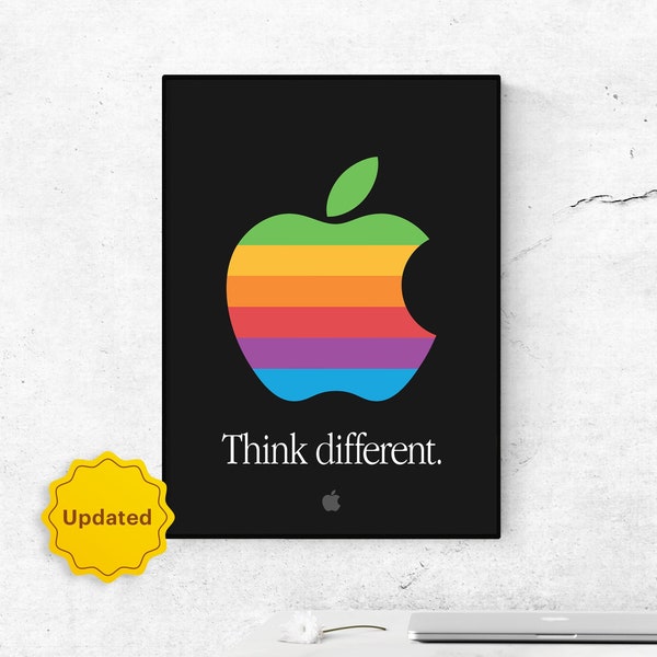 Apple Think Different Poster. Retro Apple Logo Poster. Apple Workspace Setup Poster. Apple Rainbow Setup Decor. Gift For Apple Lovers.