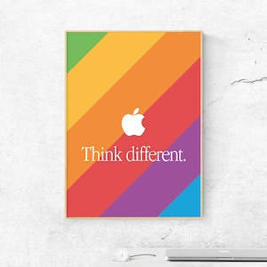 Apple Think Handlettering Poster. Apple Retro Regenbogen Logo Poster. Poster zum Ausdrucken. Steve Stellen Poster. Geschenk für Apfel Liebhaber.