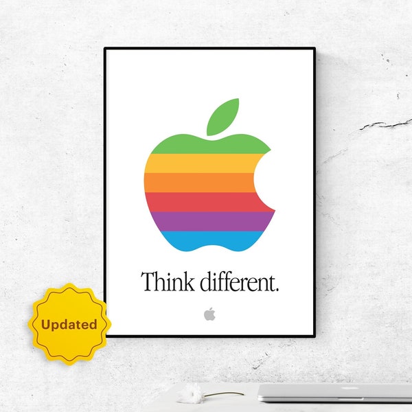 Apple Think Different Poster. Retro Apple Logo Poster. Apple Workspace Setup Poster. Apple Rainbow Setup Decor. Gift For Apple Lovers.