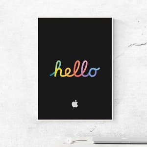 Apple Hello Logo Poster. Apfel Hallo Poster. Farbenfrohes Hello Poster. Apple Hello Logo Poster. Geschenk für Apfel Liebhaber. Büro Dekor Wohnkultur.