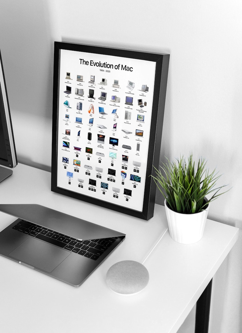 The poster displays a visual timeline of Apple computers from the first Macintosh in 1984 to the latest MacBook Pro M5 in 2025, arranged in rows with product images and years beneath each model. Available as a digital download in 5 different sizes and high-quality print formats, ready to print at home or professionally.