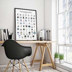 The poster displays a visual timeline of Apple computers from the first Macintosh in 1984 to the latest MacBook Pro M5 in 2025, arranged in rows with product images and years beneath each model. Available as a digital download in 5 different sizes and high-quality print formats, ready to print at home or professionally.