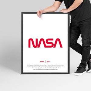 May include: A black framed poster with a red NASA logo and the text "NASA | 1975". The poster includes a brief description of the logo's history.