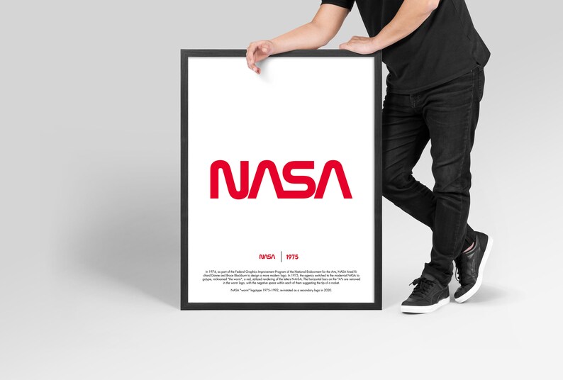 May include: A black framed poster with a red NASA logo and the text "NASA | 1975". The poster includes a brief description of the logo's history.