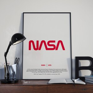 May include: A black and white poster with the red NASA logo from 1975. The poster includes a brief history of the logo and its design. "In 1974, as part of the Federal Graphics Improvement Program of the National Endowment for the Arts, NASA hired Charles Donne and Bruce Blackbum to design a more modern logo. In 1975, the agency switched to the modern NASA logotype, nicknamed "the worm", red, a stylized rendering of the letters NASA. The horizontal bars on the "A's are reduced in the worm logo, with the negative space within each of them suggesting the tip of a rocket. NASA "worm" logotype 1975-1992, reinstated as a secondary logo in 2020."