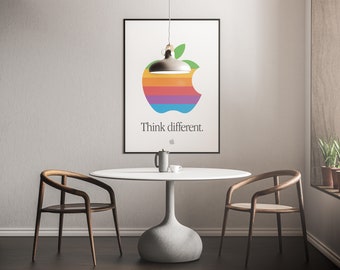 レトロなApple Think Differentポスター：レインボーロゴ、ワーク