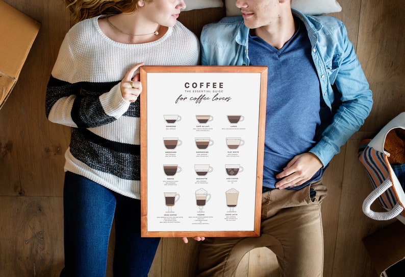 May include: A couple holding a framed poster with the title "COFFEE THE ESSENTIAL GUIDE for coffee lovers". The poster features illustrations of different types of coffee drinks, including cappuccino, latte, espresso, and macchiato.
