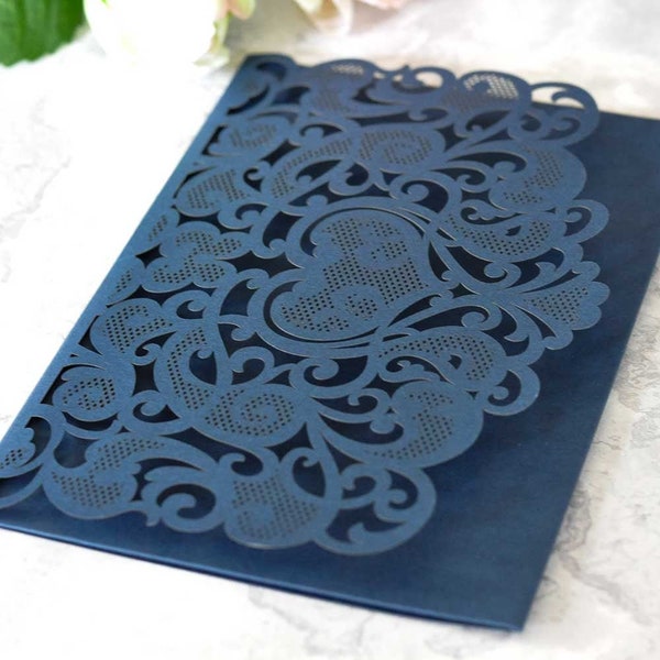 Amelie Laser Cut Invitation Pocket in Navy - Blank laser cut invitation pocket fold - Luxury DIY wedding invitations