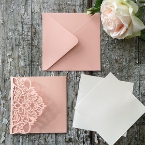 Pack of 10 Wisteria Blush Pink Laser Cut Invitation, Inserts and Envelope | PACK OF 10 | Square | DIY Blank invitation pack | Wedding
