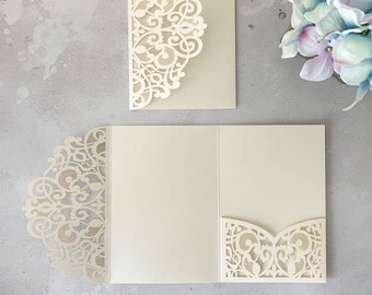 Elin Ivory Laser Cut Invitation Blank | DIY wedding invitation | Pocket Invitation in Ivory | Pretty DIY invitation envelope