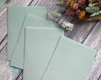 Handmade Paper in Dusty Green.  PACK OF 5 SHEETS.  Recycled cotton rag paper with deckled edge.  Acid Free.