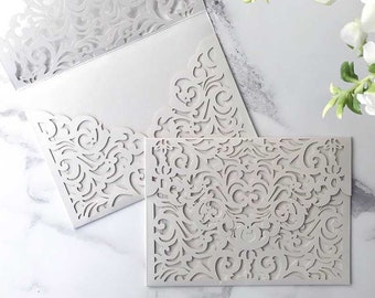 Filigree Pocket Fold Laser Cut Wedding Invitation in White | Luxury DIY Wedding Invitation pocket | Blank wallet invitation