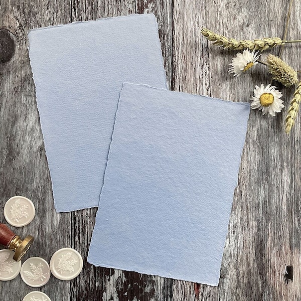 Handmade Paper in Denim Blue.  PACK OF 5 SHEETS.  Recycled cotton rag paper with deckled edge.  Acid Free.