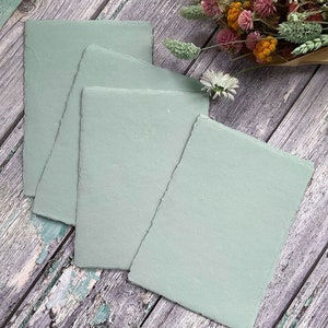 Handmade Paper in Dusty Green.  PACK OF 5 SHEETS.  Recycled cotton rag paper with deckled edge.  Acid Free.