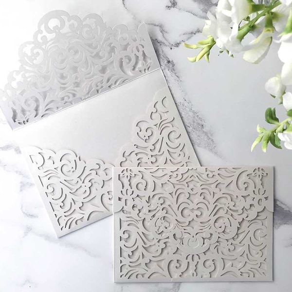 Filigree Pocket Fold Laser Cut Wedding Invitation in White | Luxury DIY Wedding Invitation pocket | Blank wallet invitation