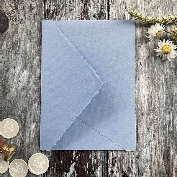 Handmade Paper Envelopes in Denim Blue. PACK OF 5. Recycled cotton rag paper envelopes with deckled edge and diamond flap