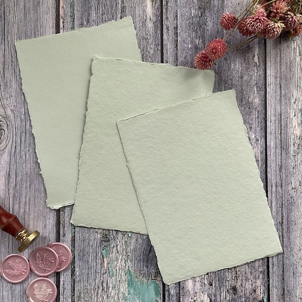 Handmade Paper in Light Green.  PACK OF 5 SHEETS.  Recycled cotton rag paper with deckled edge.  Acid Free.