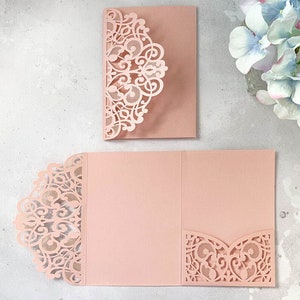 Elin Laser Cut Pocket Invitation in Blush Pink | Luxury Laser Cut Invitation | Blank Wedding Invitation Pocket in Blush Pink | DIY wedding