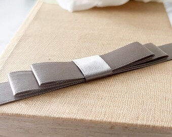 Flat Bow in Metal Grey | Grey Satin Bow With Single or Double Loop | Pre Made Bow to Decorate Wedding Invitations, Stationery, Gift Wrap etc