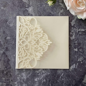 Wisteria Laser Cut Pocket fold Wedding Invitation in Matt Ivory - Luxury Invitation Blank - DIY wedding invitation pocket