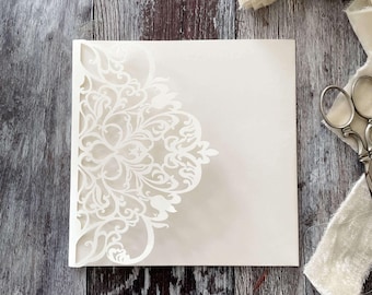 Wisteria Laser Cut Pocket fold Wedding Invitation in Matt Ivory - Luxury Invitation Blank - DIY wedding invitation pocket