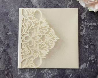 Wisteria Laser Cut Pocket fold Wedding Invitation in Matt Ivory - Luxury Invitation Blank - DIY wedding invitation pocket