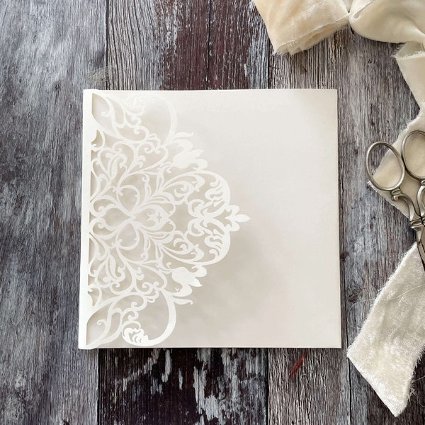 Wisteria Laser Cut Pocket fold Wedding Invitation in Matt Ivory - Luxury Invitation Blank - DIY wedding invitation pocket