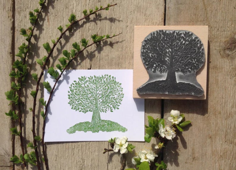 Lino Cut Tree Rubber Stamp Ink Stamp Decorative stamp 9cm X 9cm stamp Rubber Stamp Craft Stamp image 2