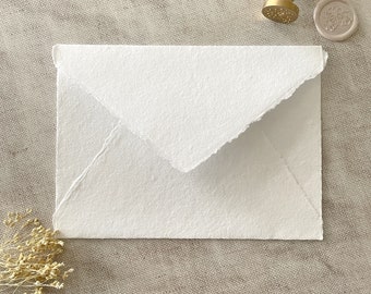 Handmade Paper Envelopes in Premium White. 5.5" x 7.5" PACK OF 5. Recycled cotton rag paper envelopes with deckled edge and pointed flap