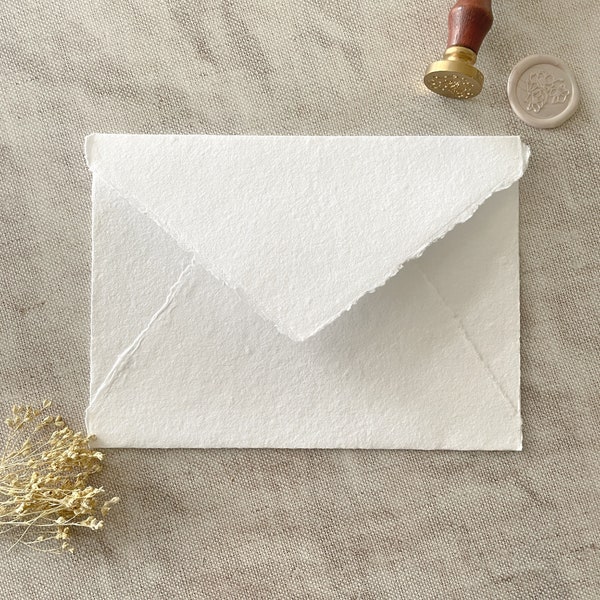 Handmade Paper Envelopes in Premium White. 5.5" x 7.5" PACK OF 5. Recycled cotton rag paper envelopes with deckled edge and pointed flap