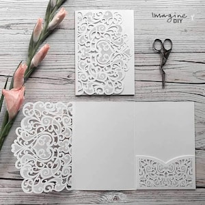 Amelie Laser Cut Pocket Invitation in White - Blank invitation pocket fold.  DIY laser cut pocket invitation in white.  Luxury wedding